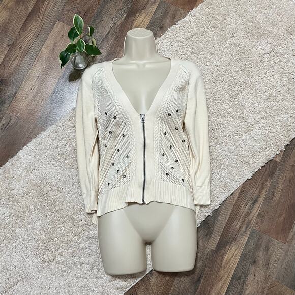 American Eagle Large Cream Zip Up V Neck Grommet 3/4 Sleeve Cardigan Sweater - Picture 1 of 5